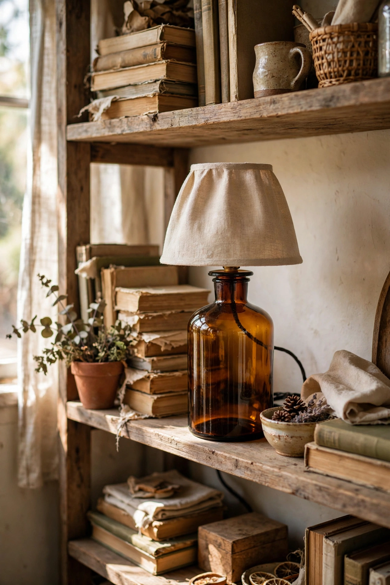An amber apothecary bottle table lamp with a linen shade on a bookshelf