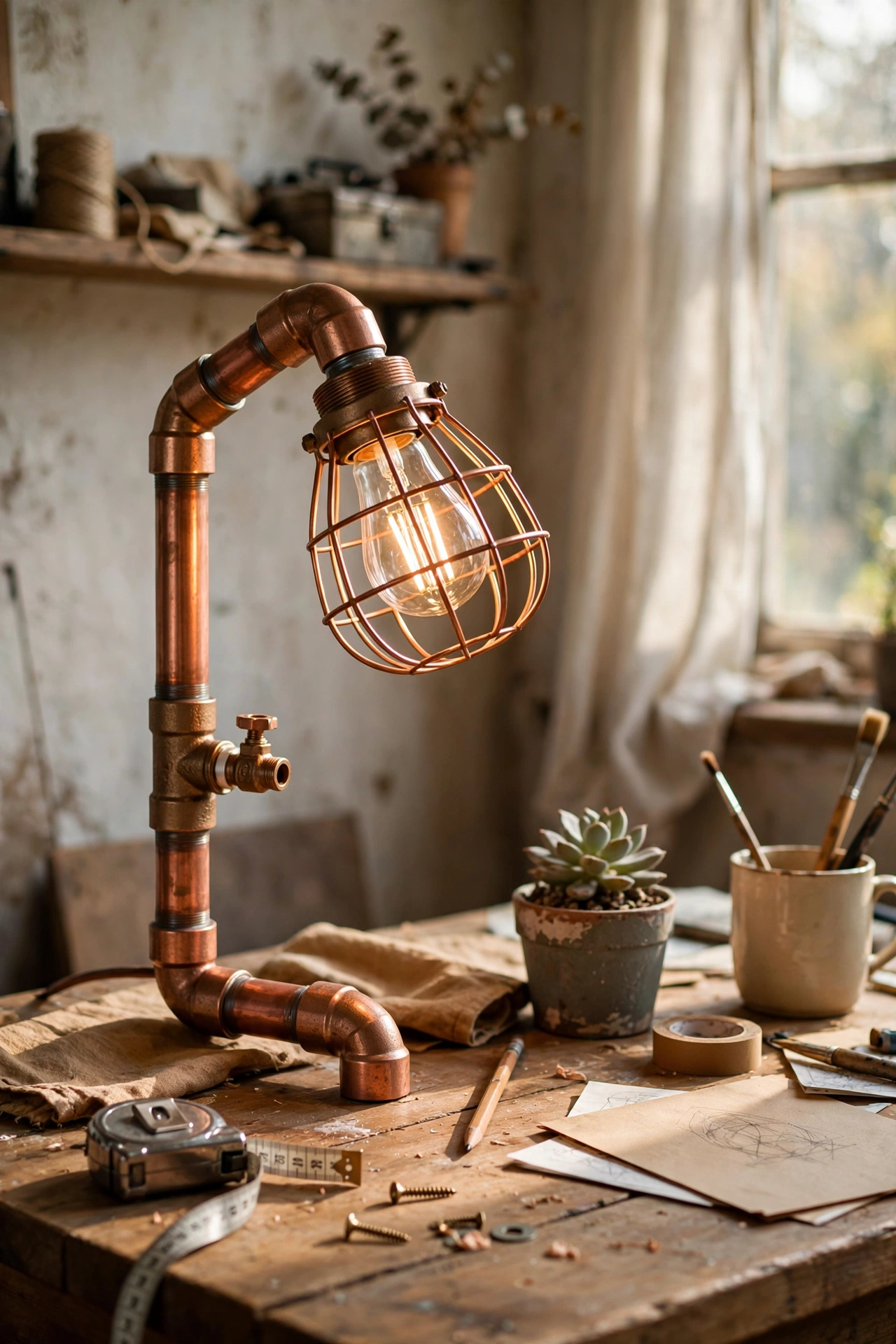An industrial diy lamp made from copper plumbing pipes with a cage bulb cover on a desk