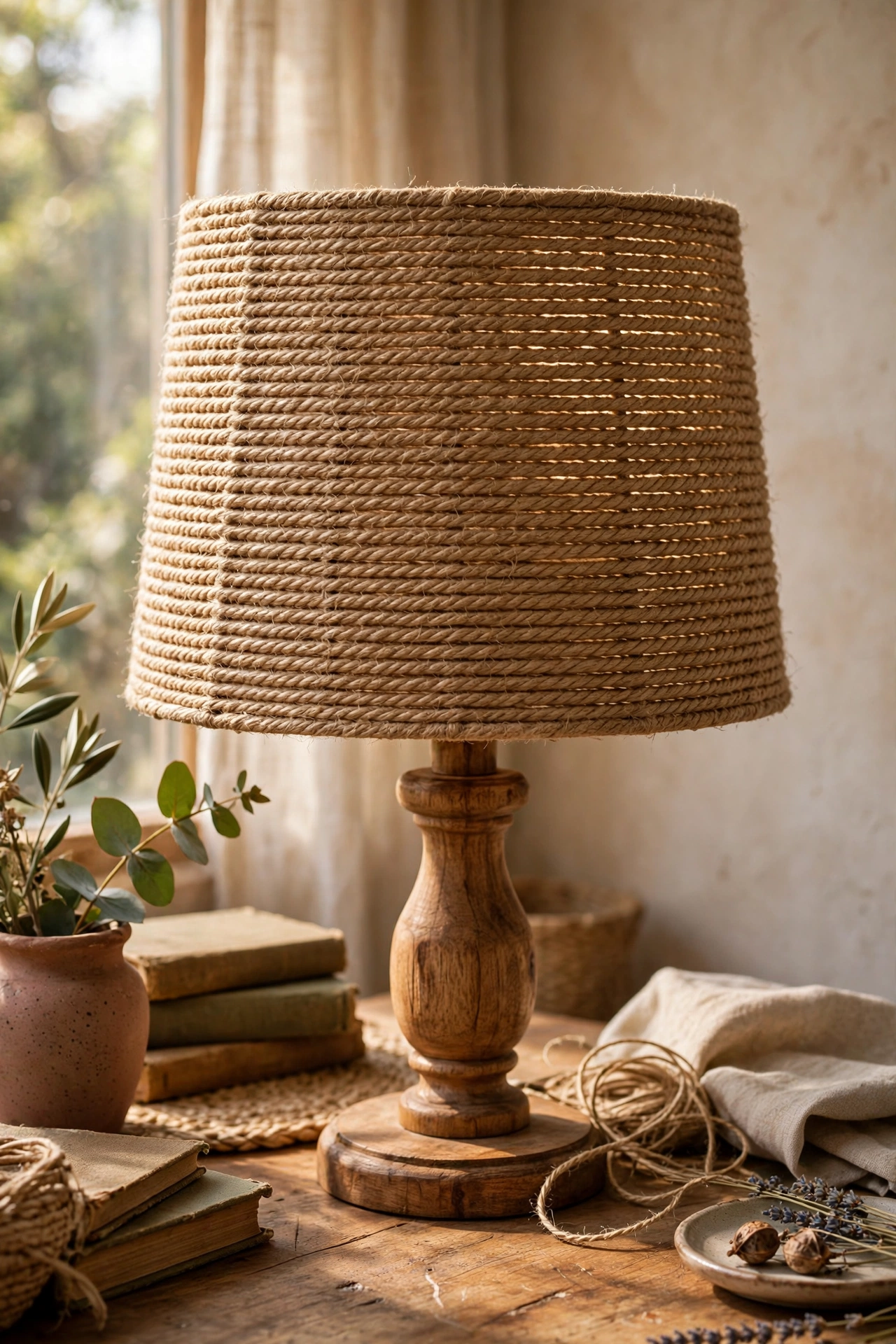 A drum shade wrapped in jute twine for a rattan-look diy lamp