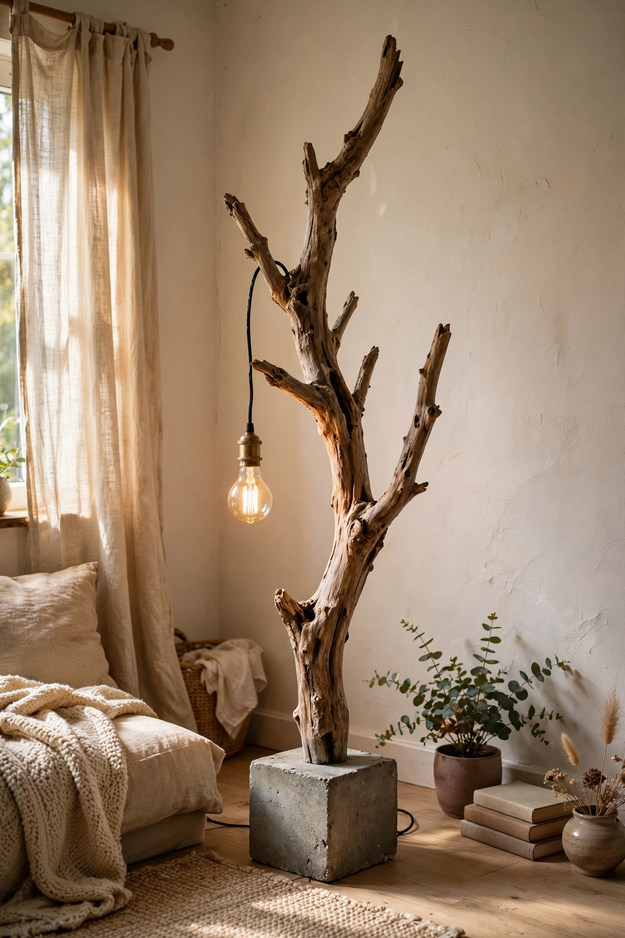 A sculptural driftwood branch floor lamp with a hanging bulb in a living room