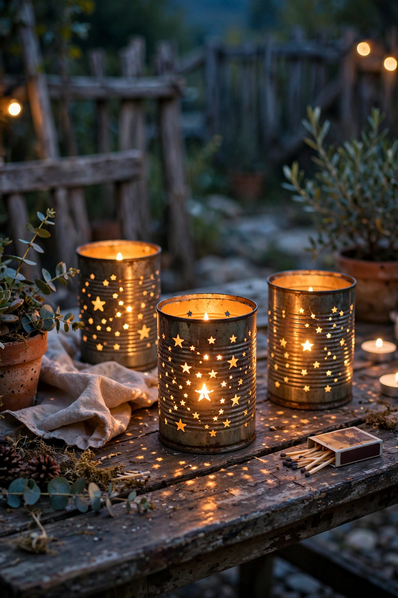 Punched tin can lanterns glowing with starlight patterns on an outdoor patio table
