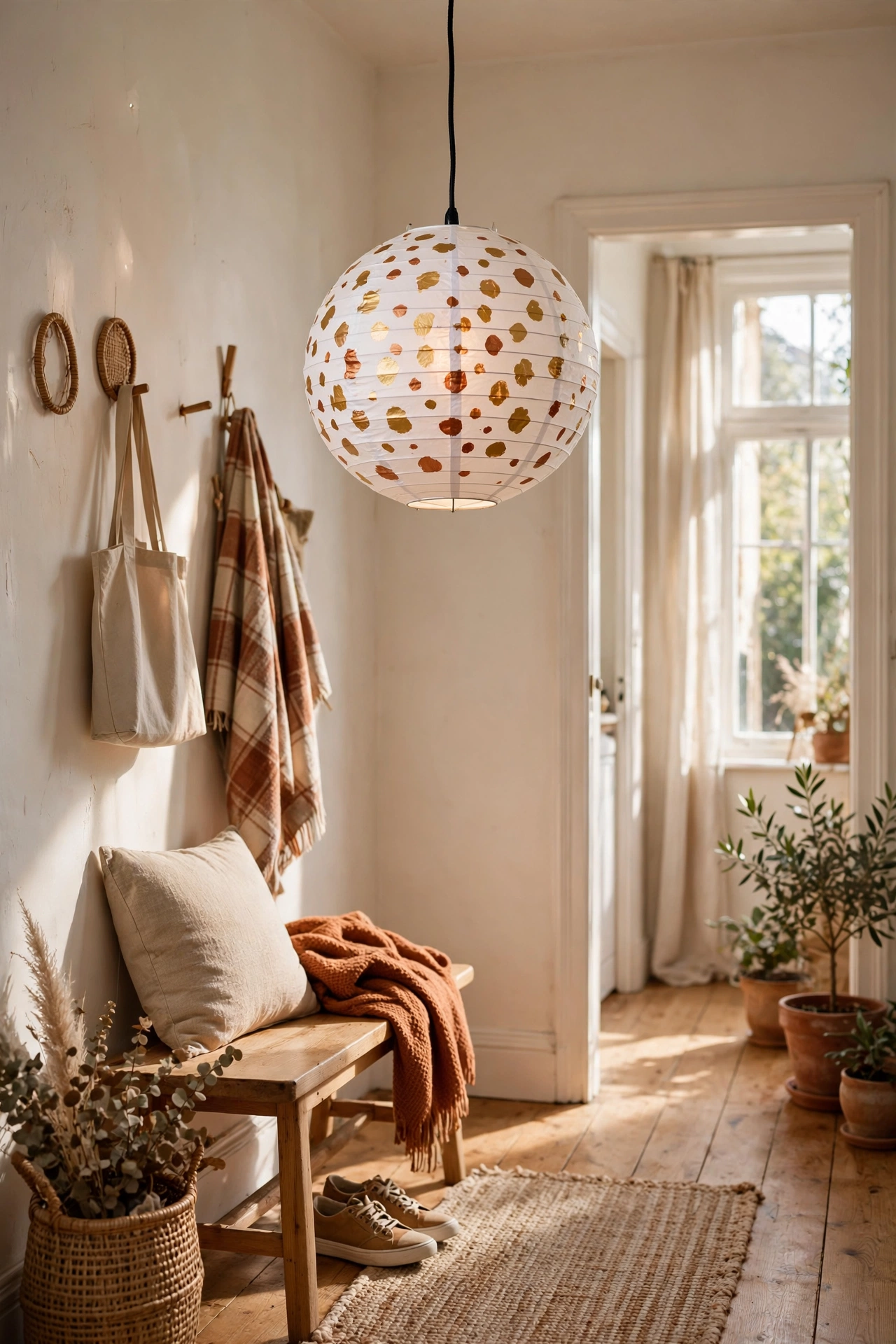A white paper globe lamp decorated with gold painted dots hanging in a hallway