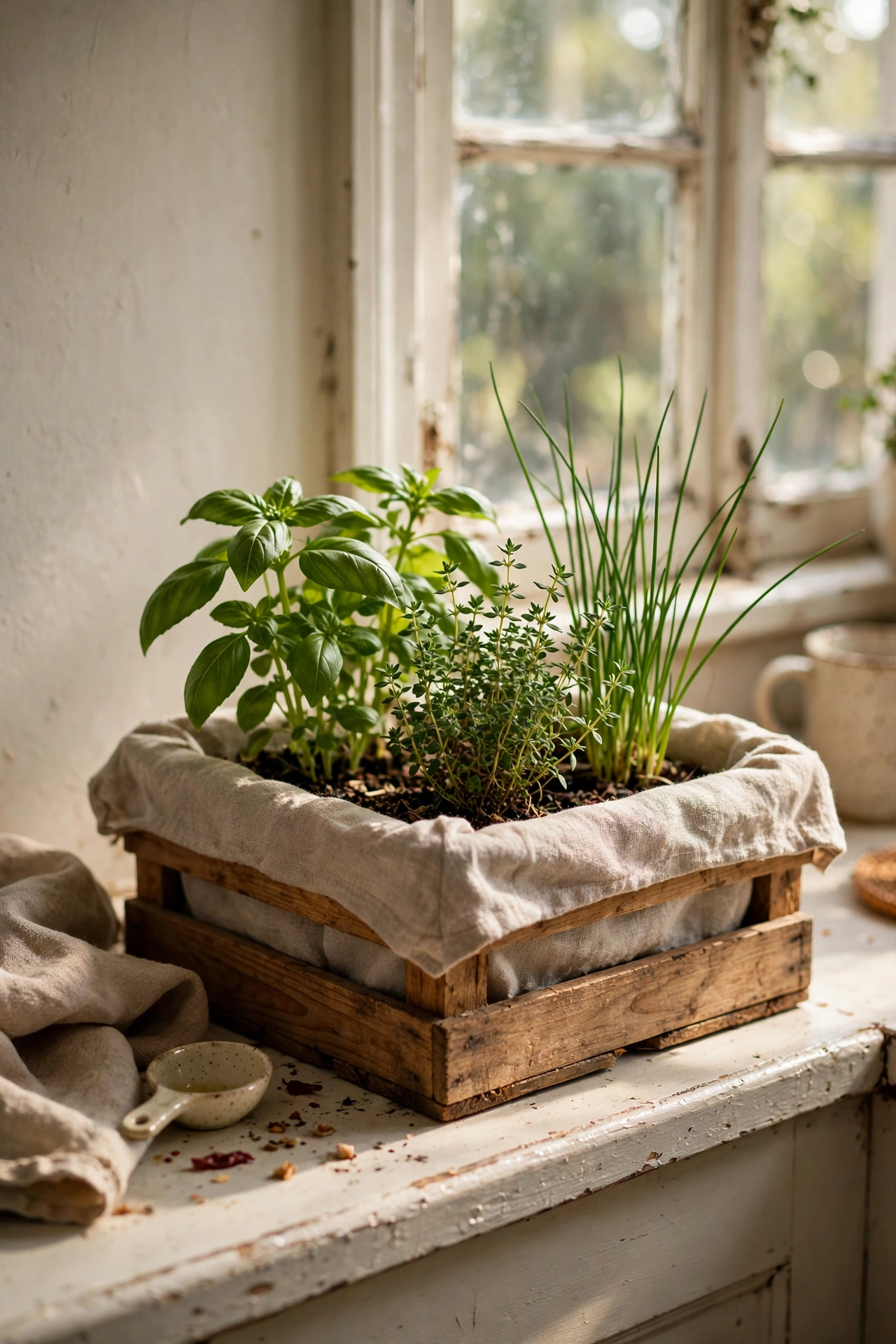 A wooden crate diy planter lined with fabric holding kitchen herbs on a windowsill