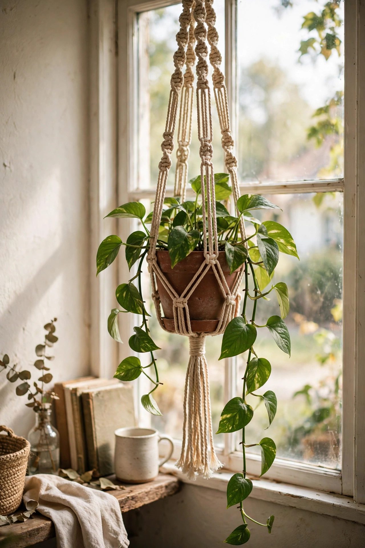 A handmade macrame plant holder with a trailing pothos hanging by a bright window