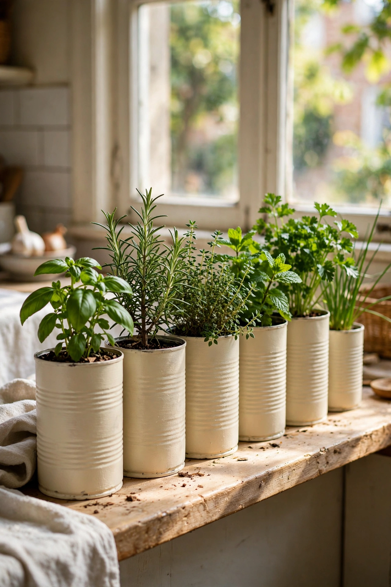 Tin cans painted cream as diy planters holding herbs in a row on a windowsill