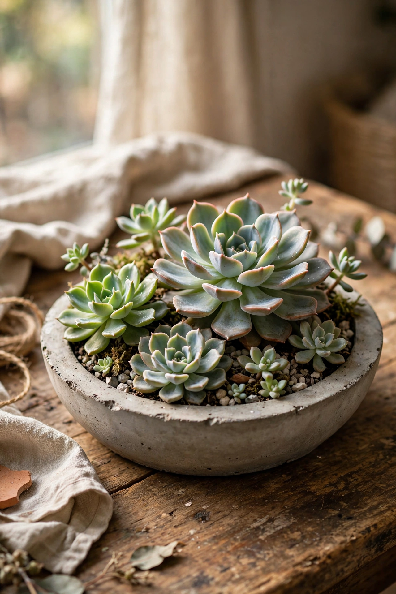 A shallow concrete bowl diy planter filled with succulents on a wooden table