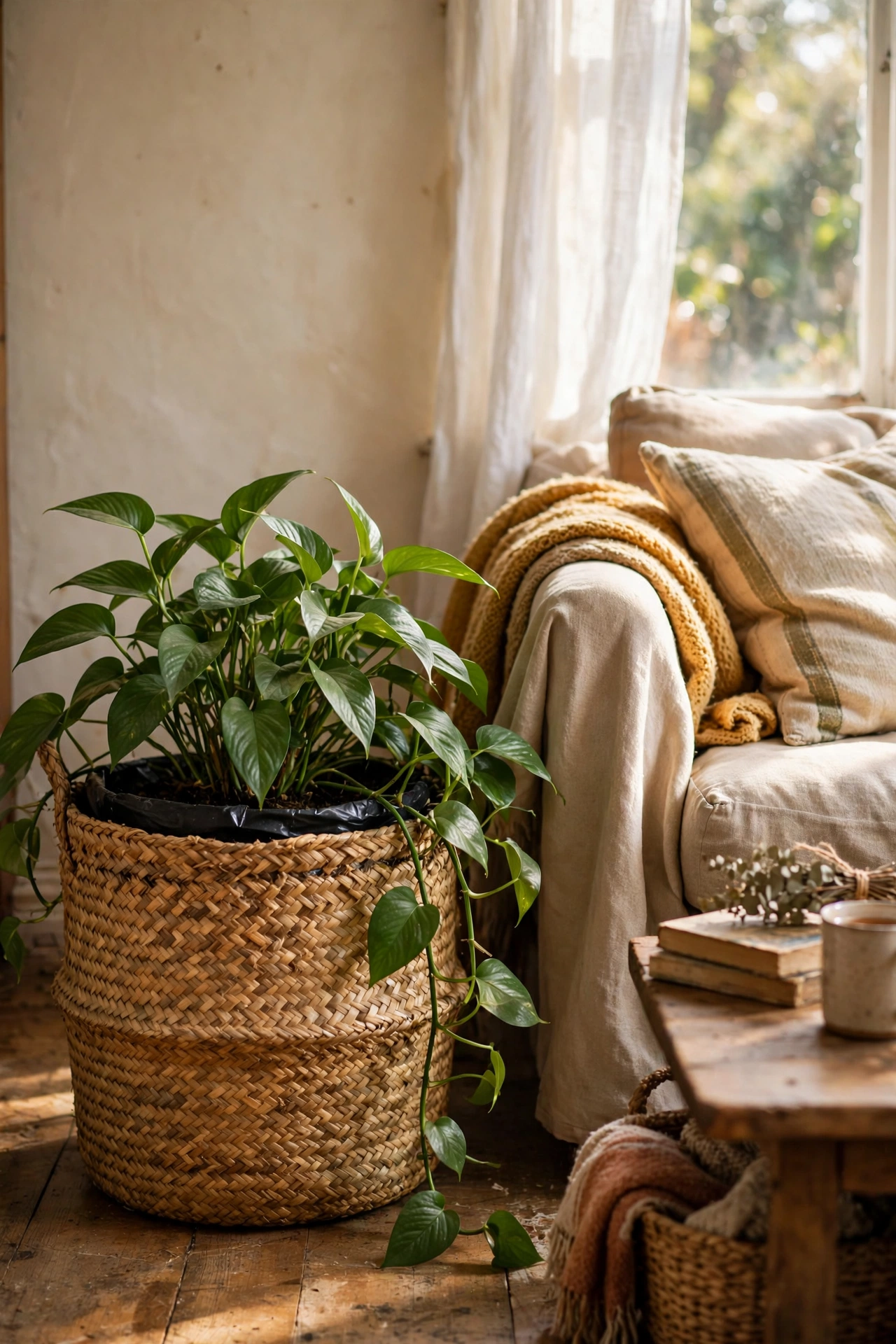A seagrass basket planter with a plastic liner holding a leafy houseplant in a living room