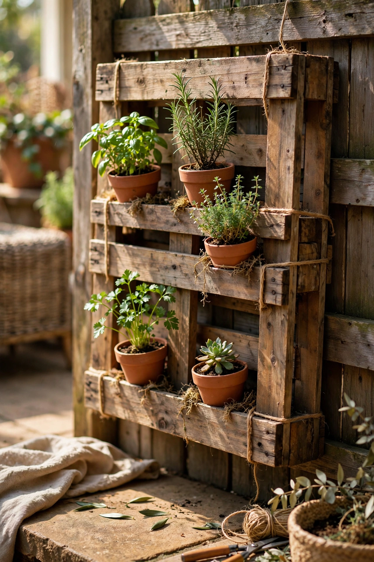 A wooden pallet vertical diy planter holding small terracotta pots on a patio fence