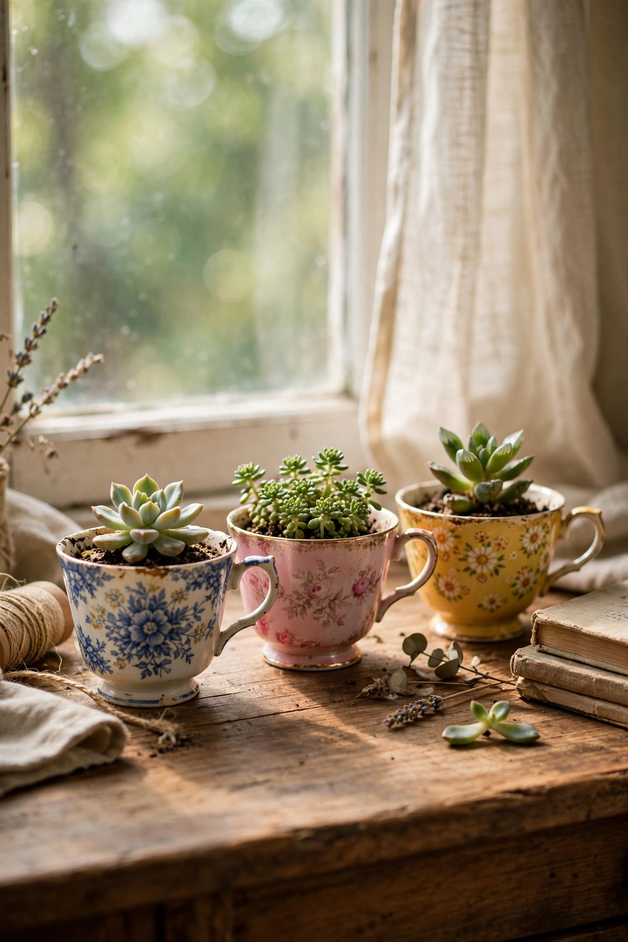 Mismatched teacups as tiny diy planters holding succulents on a desk