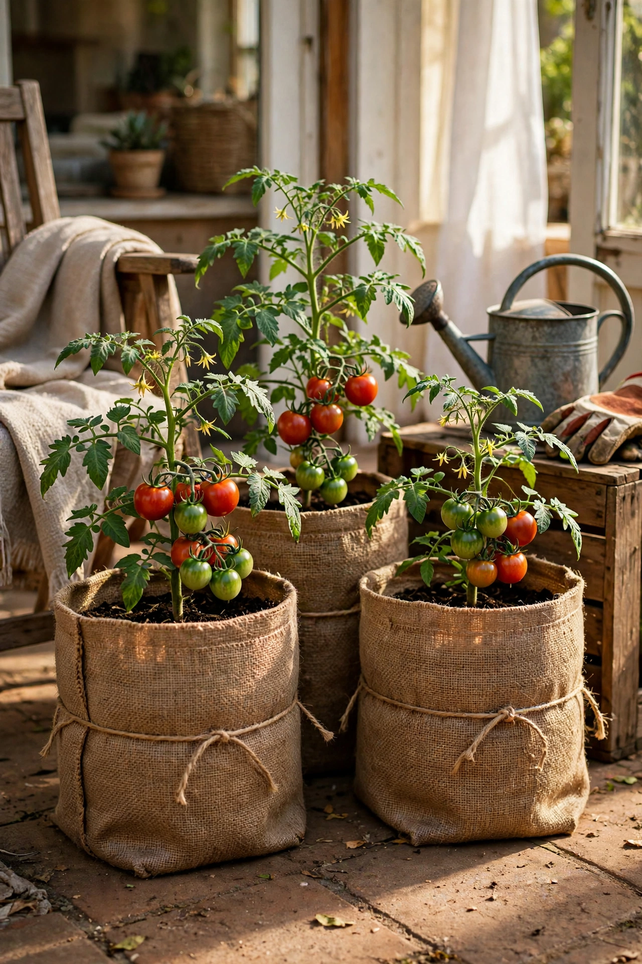 Fabric grow bags wrapped in burlap holding tomato plants on a patio