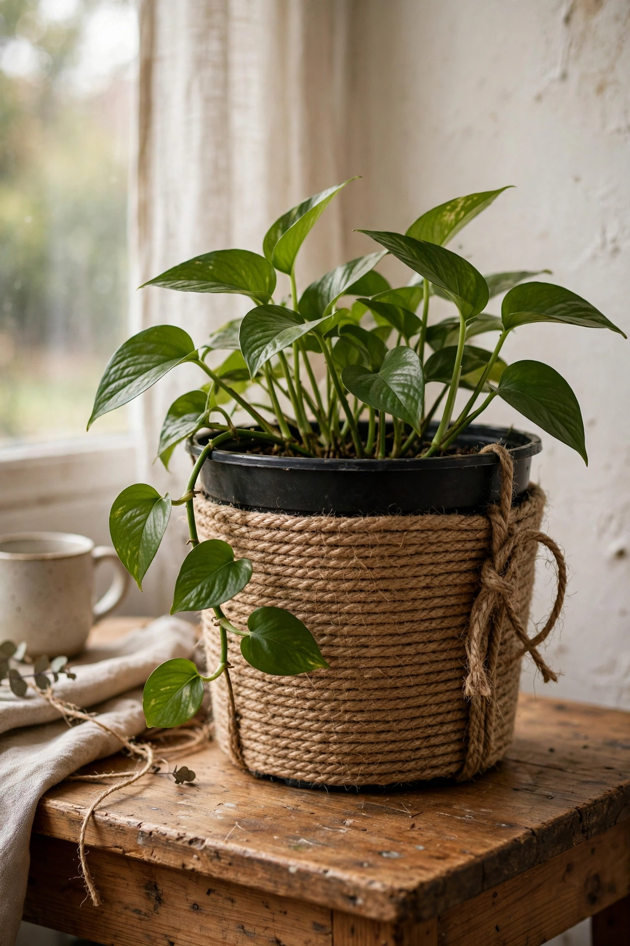 A plastic nursery pot wrapped in jute rope as a handmade fibre planter