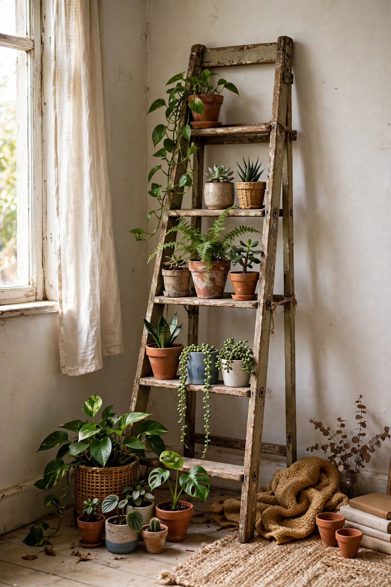 An old wooden ladder as a tiered diy planter display holding many houseplants