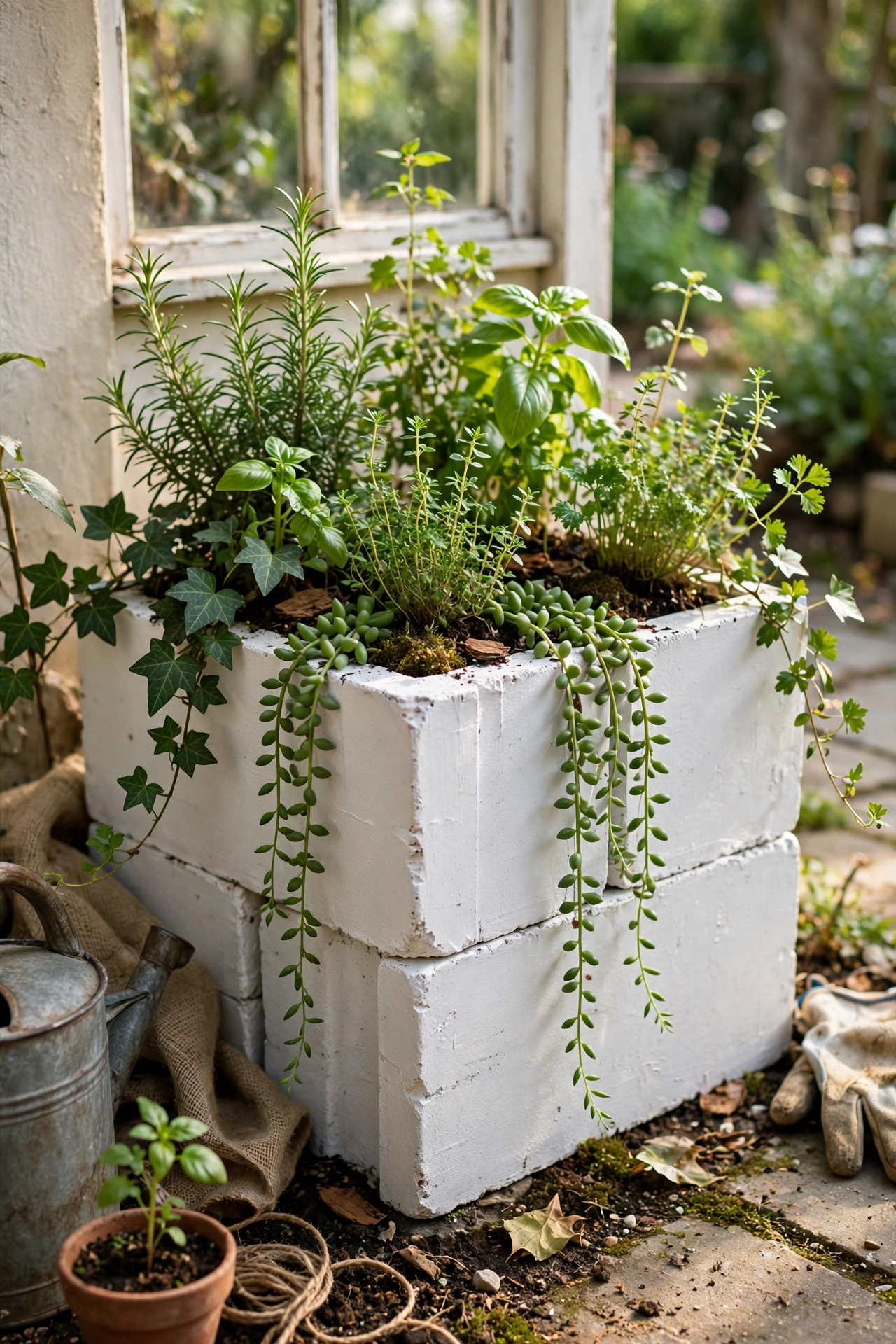 Cinder blocks painted white stacked as a modern diy planter with trailing plants