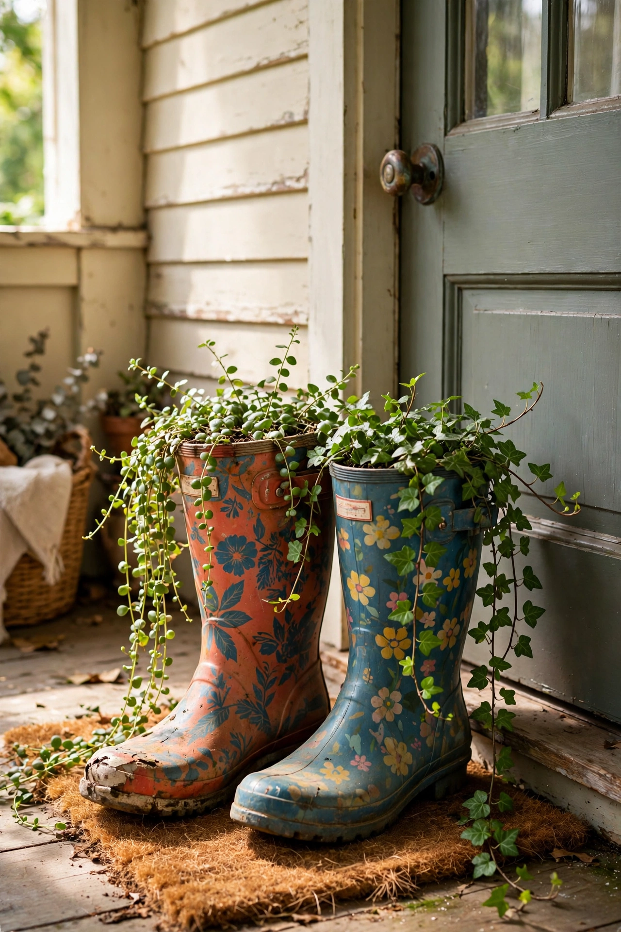 Old rain boots as diy planters holding trailing plants by a front door