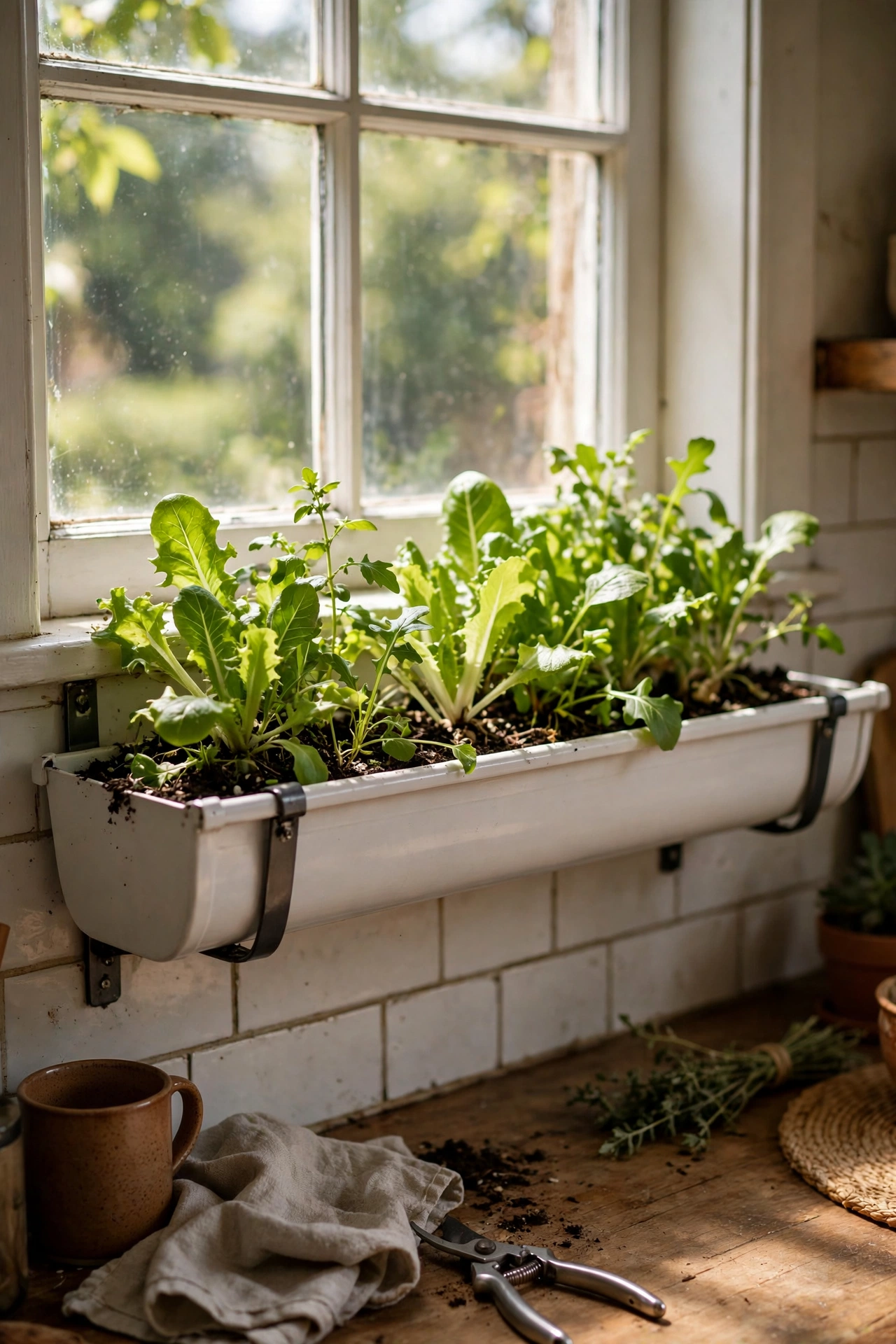 A vinyl gutter hung under a window as a diy planter growing salad greens