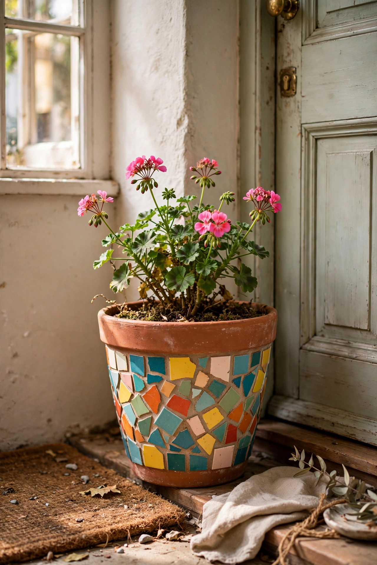 A terracotta pot decorated with a colourful broken-tile mosaic holding a plant