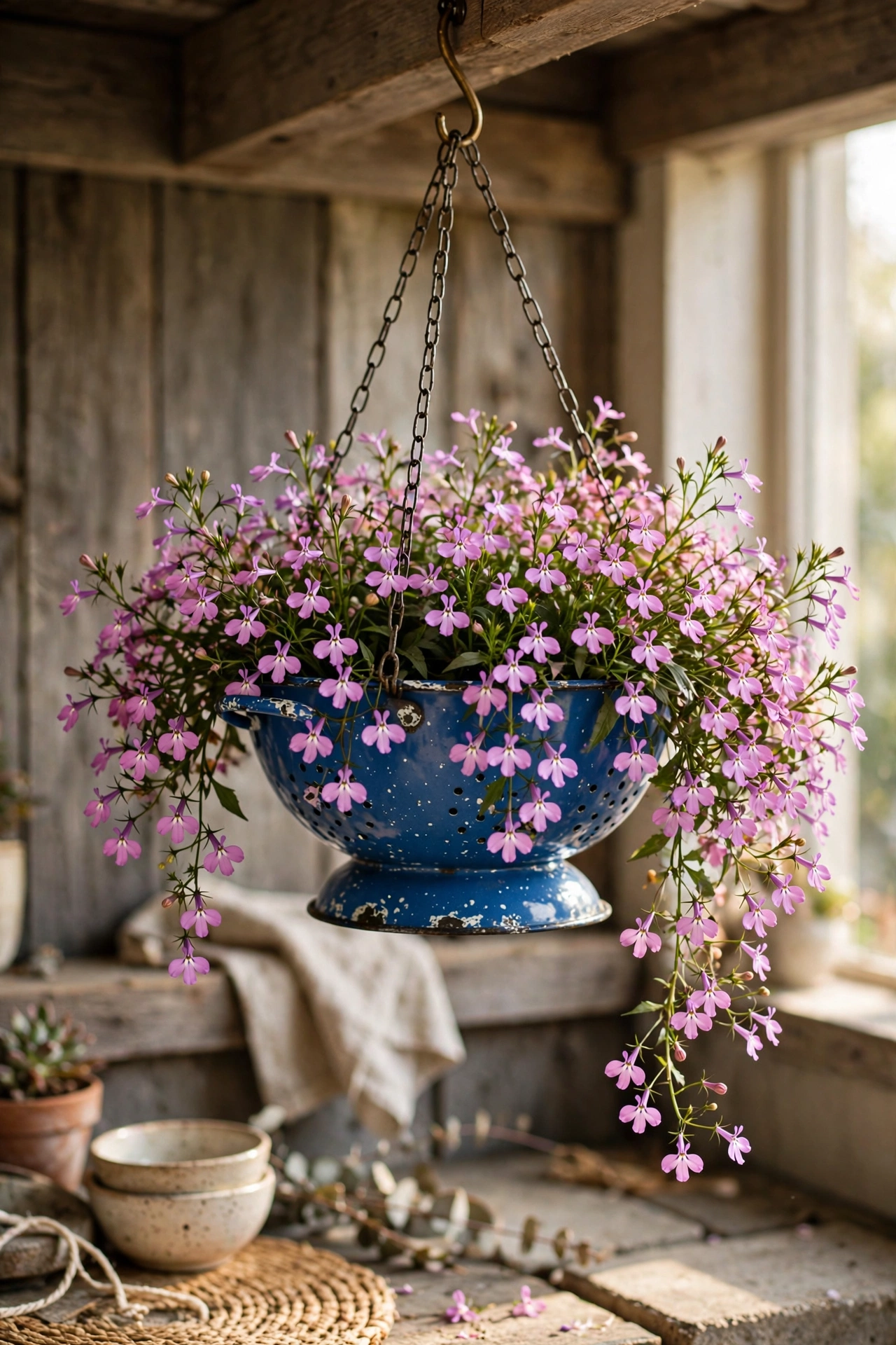 An enamel colander hanging by chains as a diy planter with trailing flowers