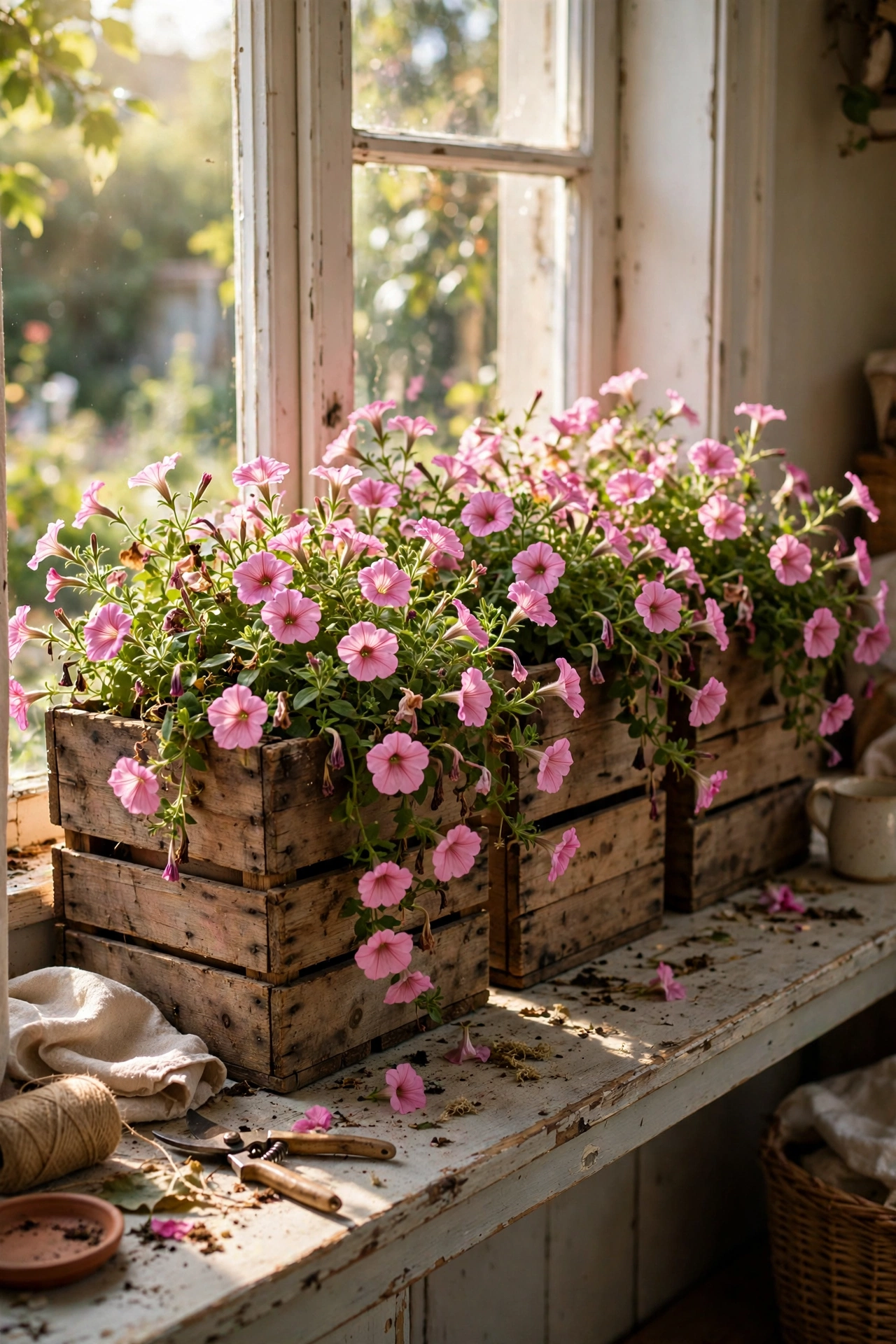 Wooden wine crates as diy planter window boxes with trailing petunias