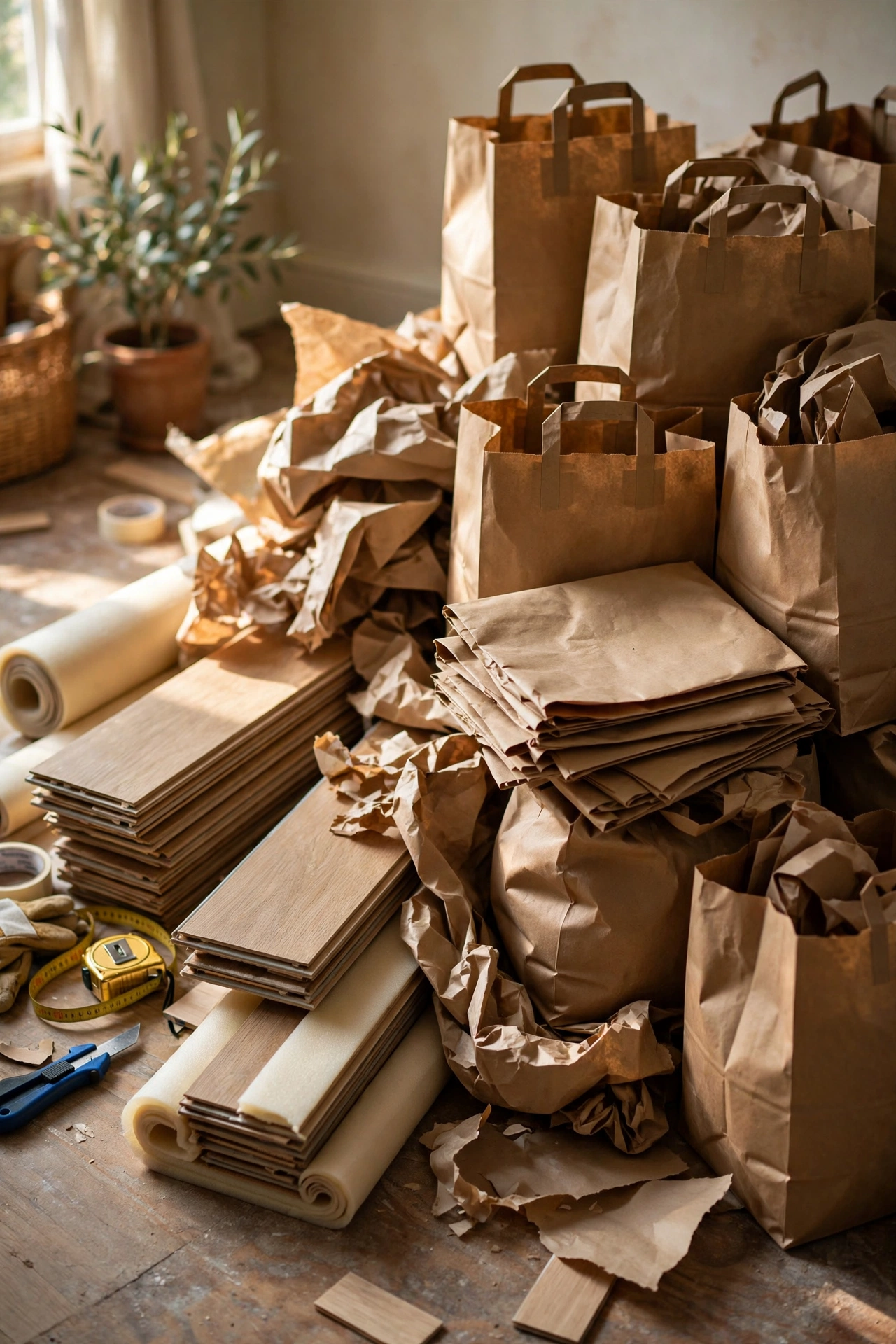 A collection of brown paper grocery bags ready for a paper bag floor DIY project