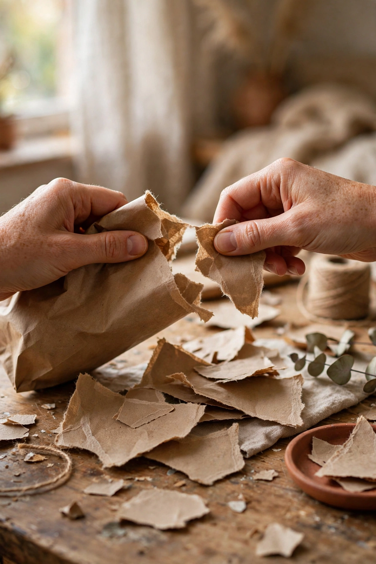 Hands tearing brown paper bags into pieces with soft feathered edges for a paper bag floor