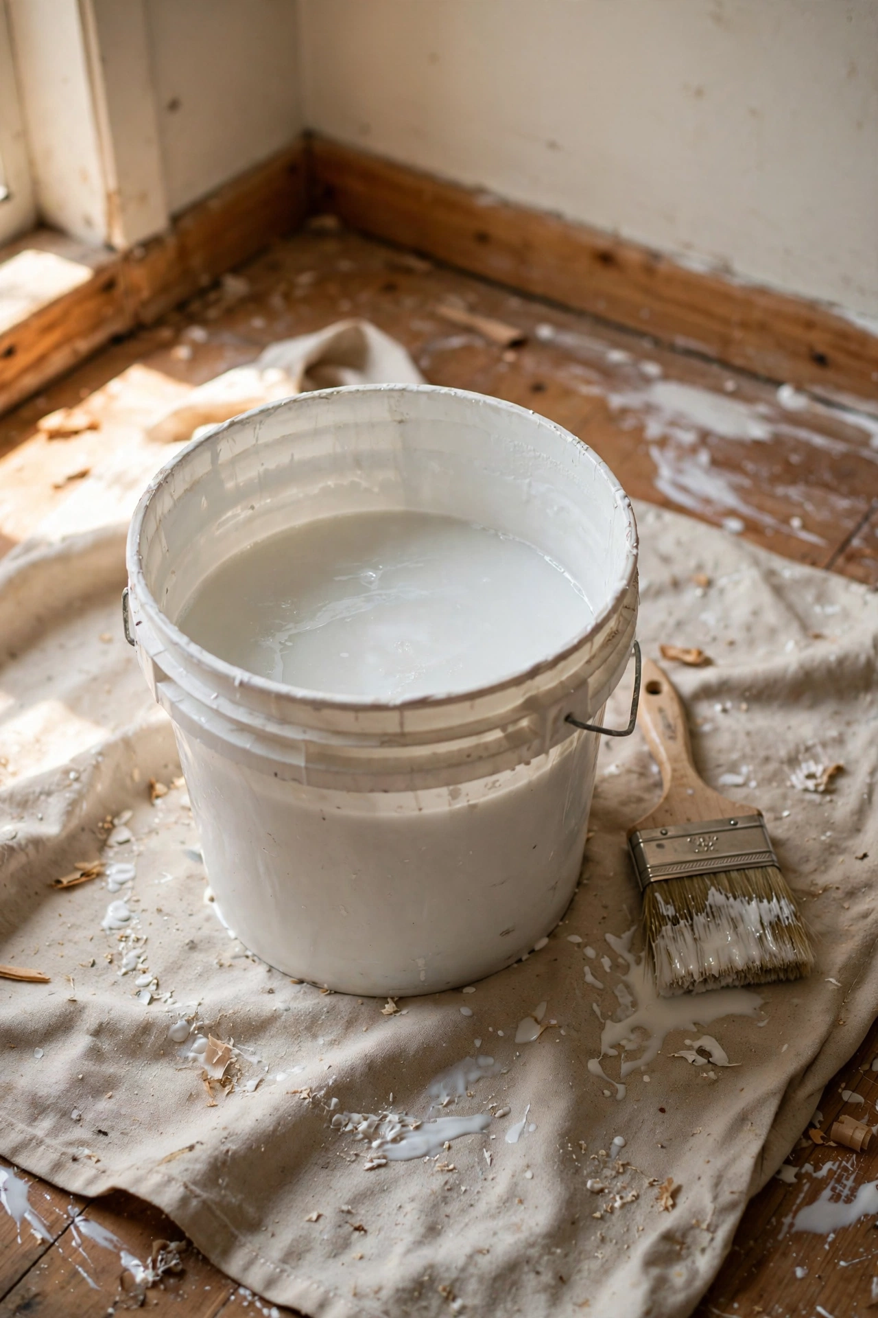 A bucket of glue and water mixture for adhering paper to a floor in a paper bag floor DIY