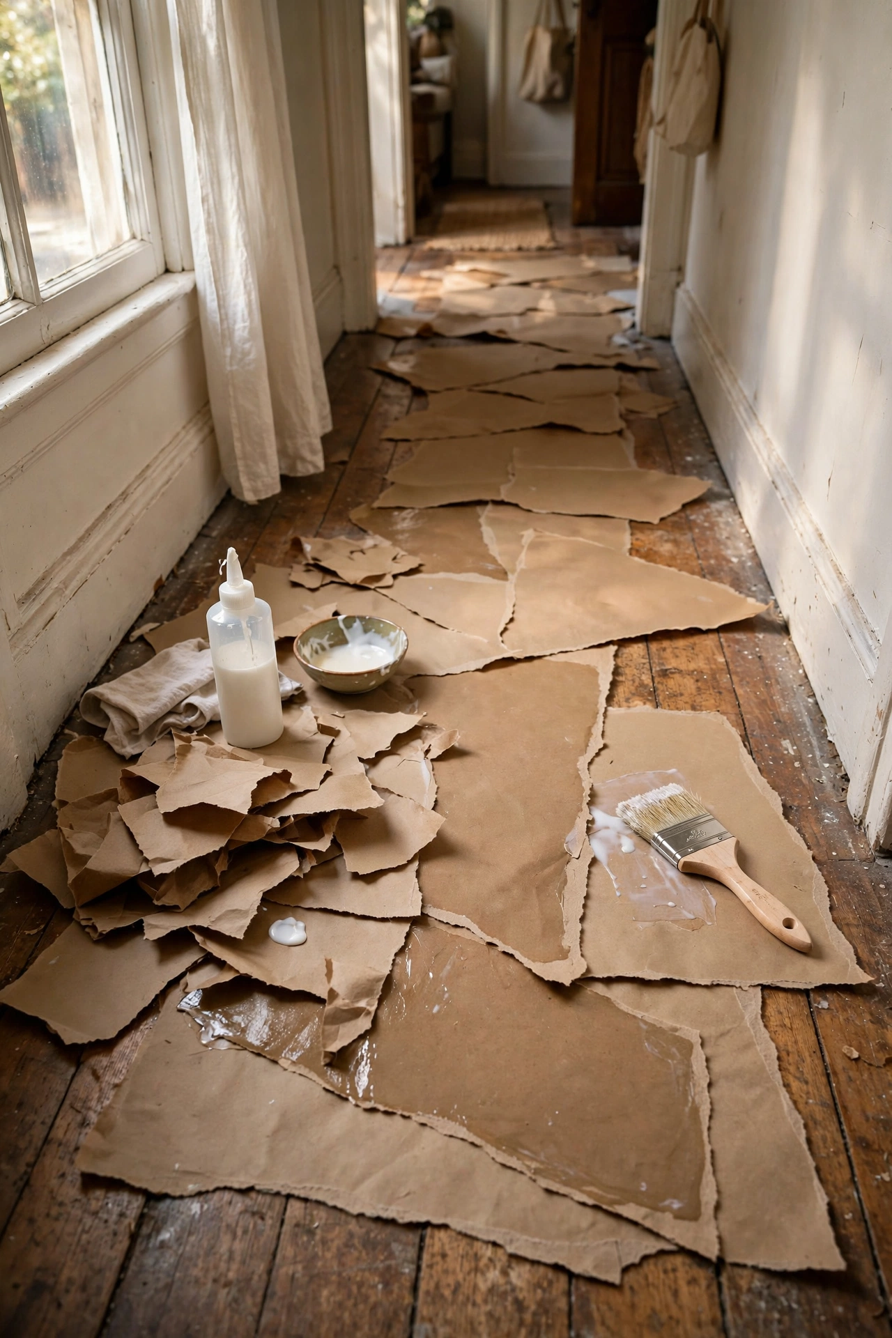 Torn paper pieces being glued in overlapping layers onto a hallway floor