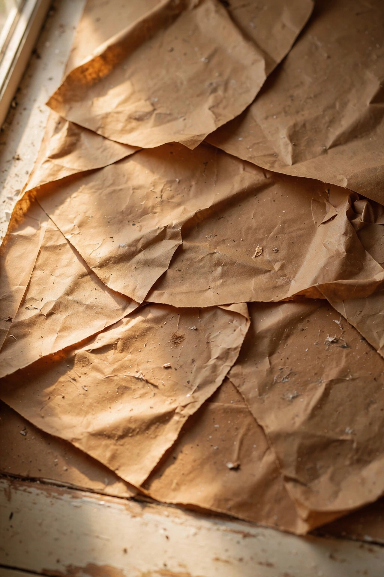 Wrinkled paper pieces glued to a floor creating a leather-like texture