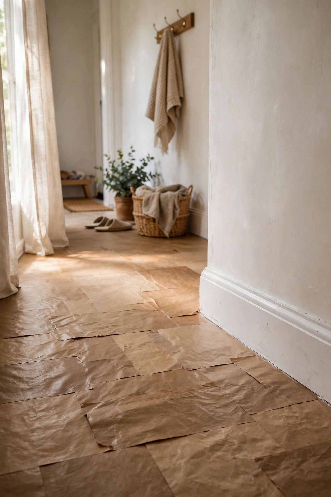 Paper bag flooring fitted neatly against white skirting boards in a hallway