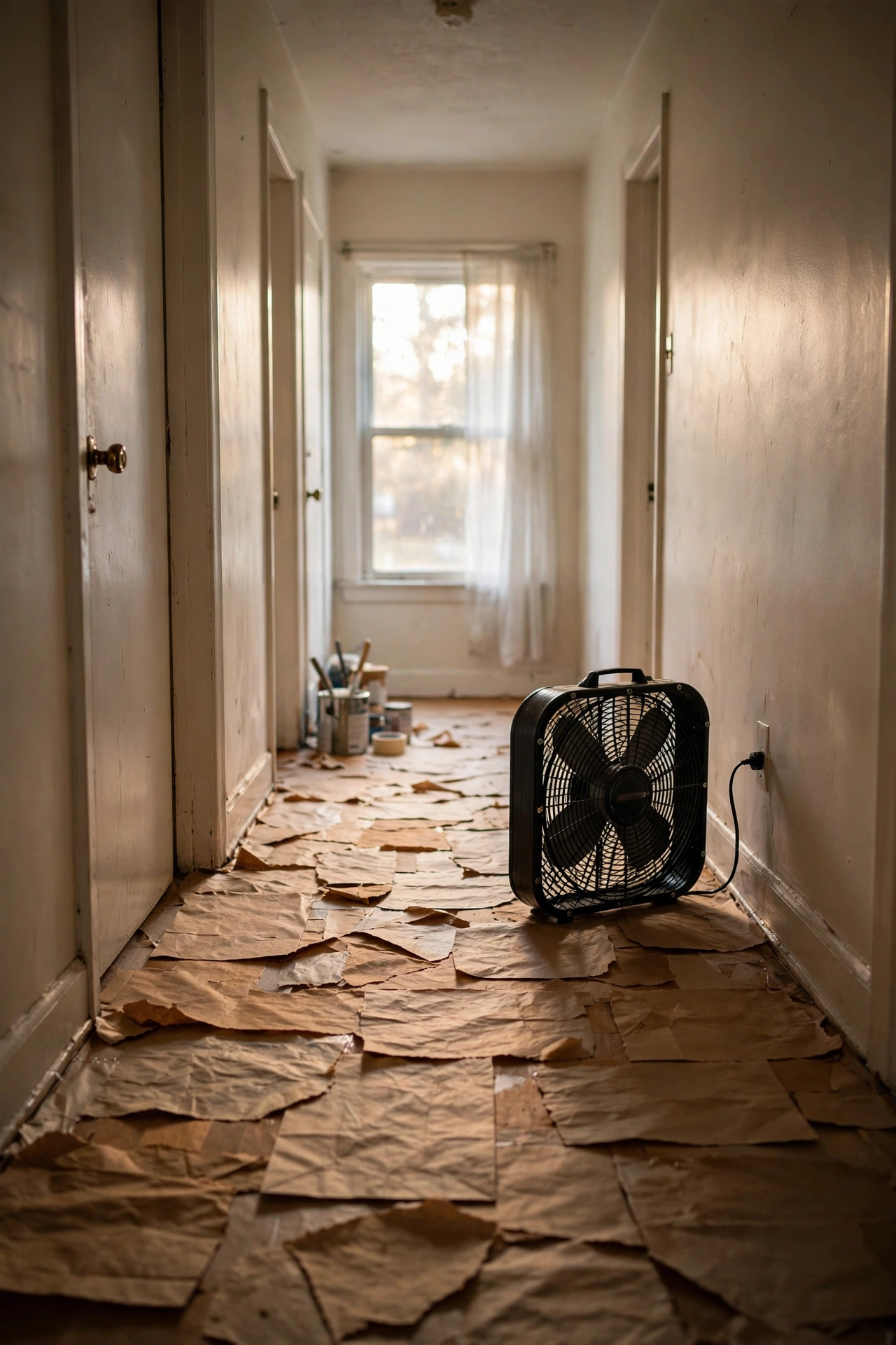 A glued paper bag floor drying with a fan running in an empty hallway