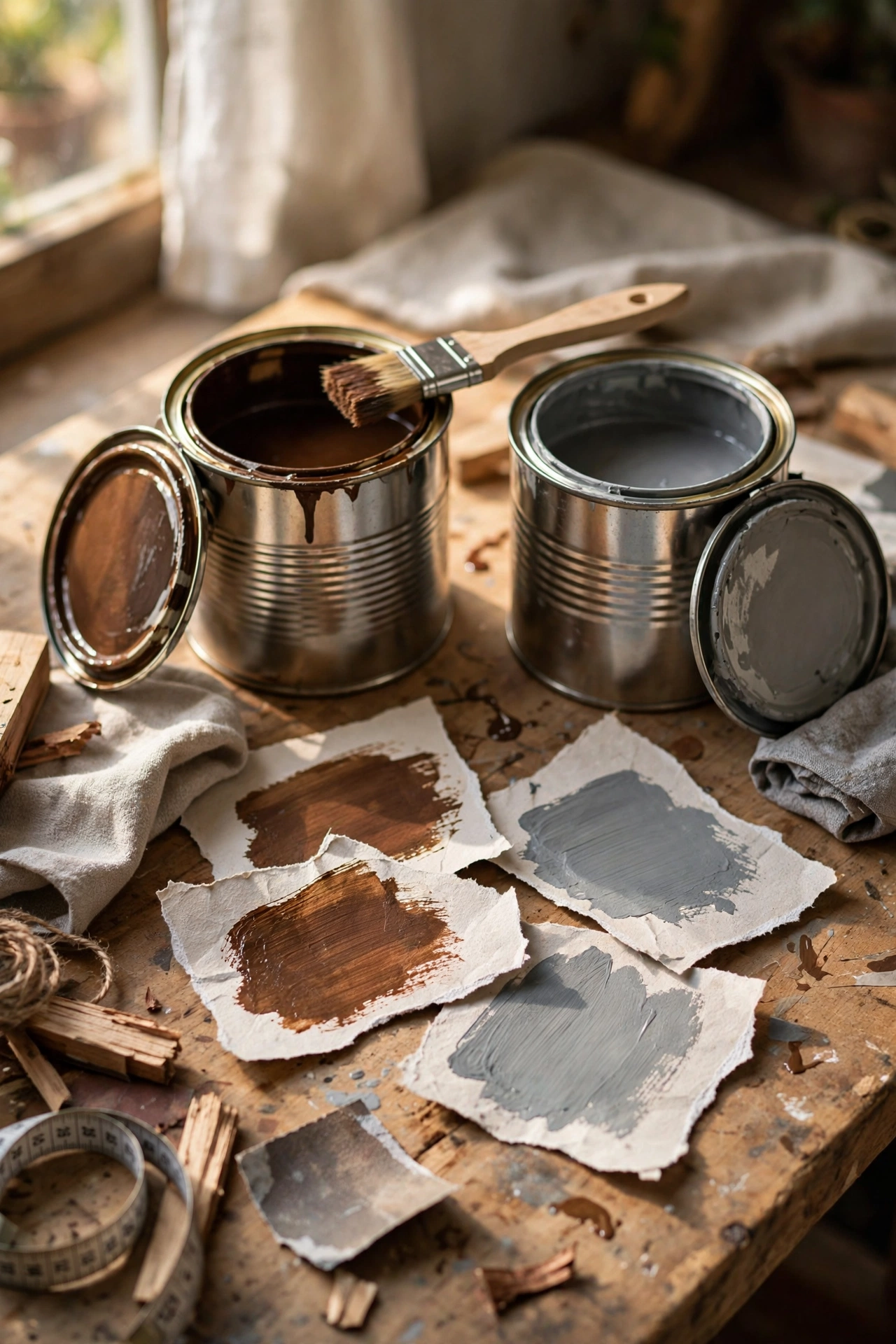 Wood stain cans and test paper scraps for choosing a paper bag floor stain colour