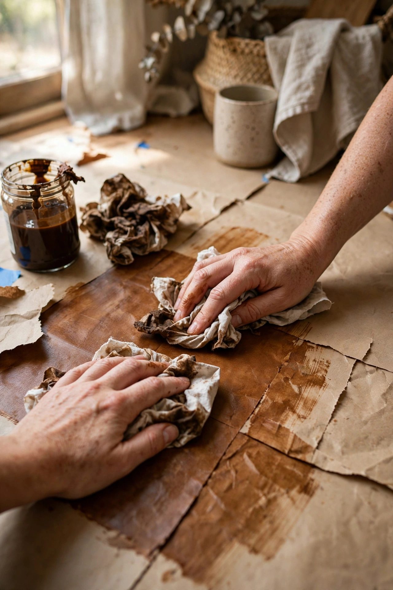 Stain being wiped back on a paper bag floor to create a leather effect