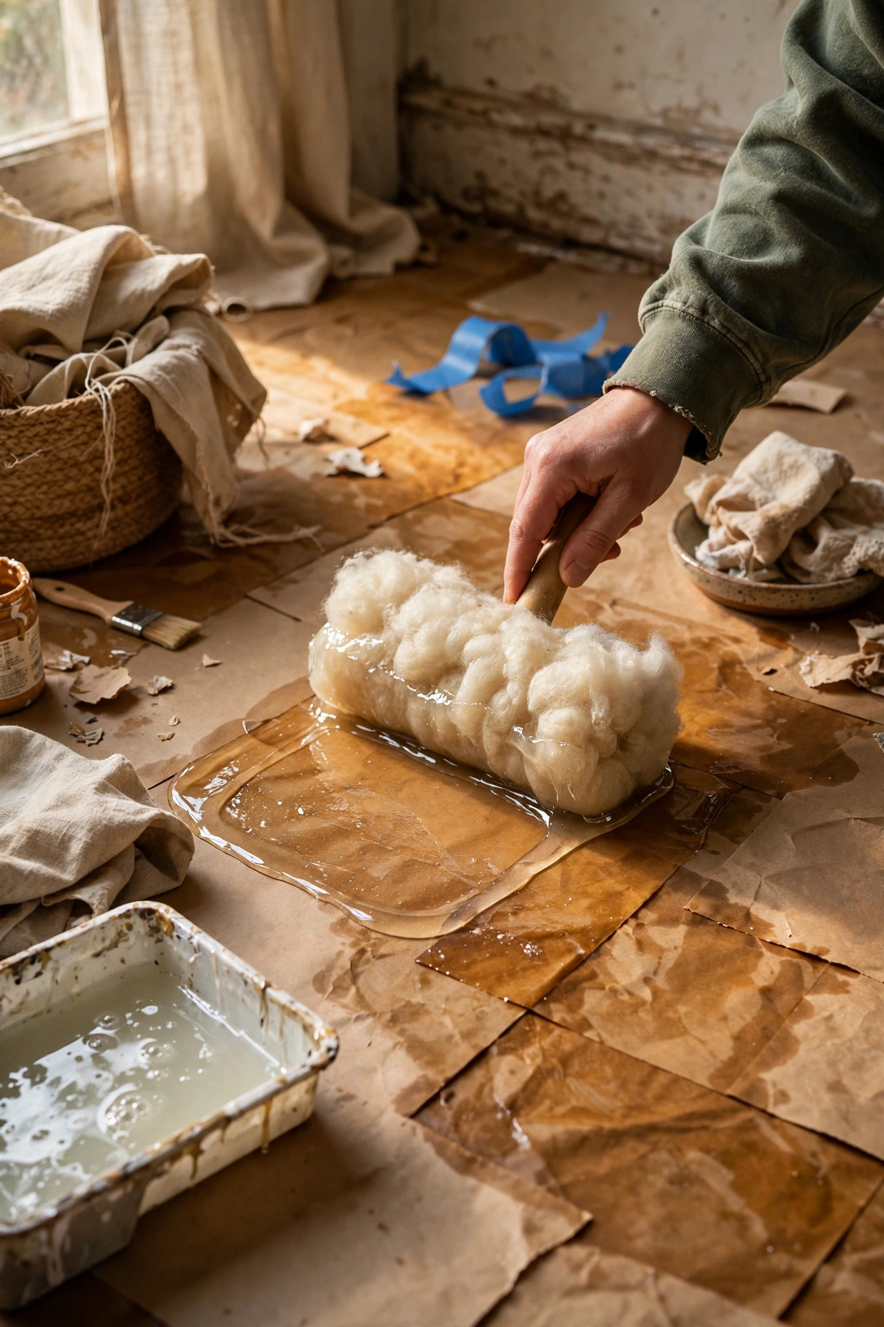 Polyurethane being applied with a lambswool applicator to seal a stained paper bag floor