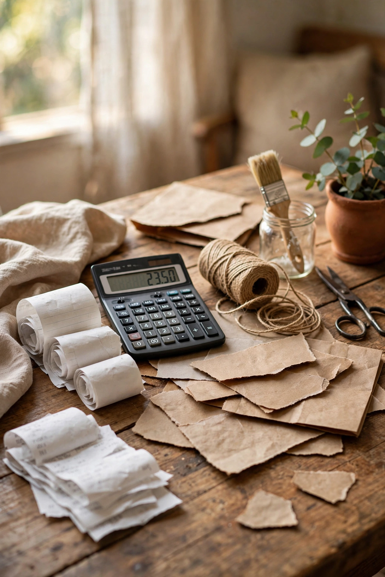 Receipts and a calculator showing the low cost breakdown of a paper bag floor project