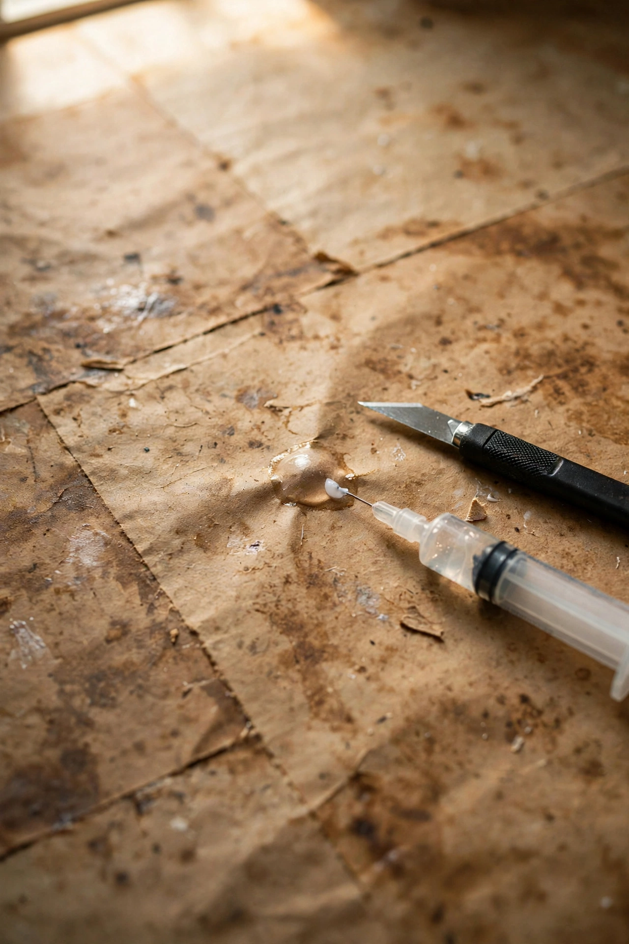 A small bubble repair on a paper bag floor with a craft knife and glue
