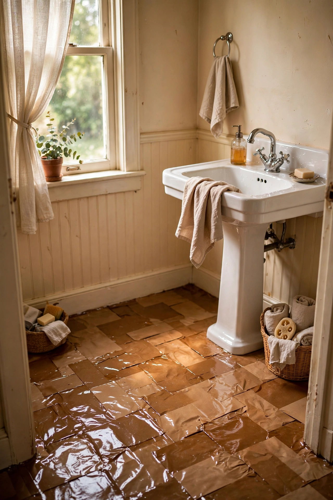 A paper bag floor in a small powder room sealed with extra polyurethane