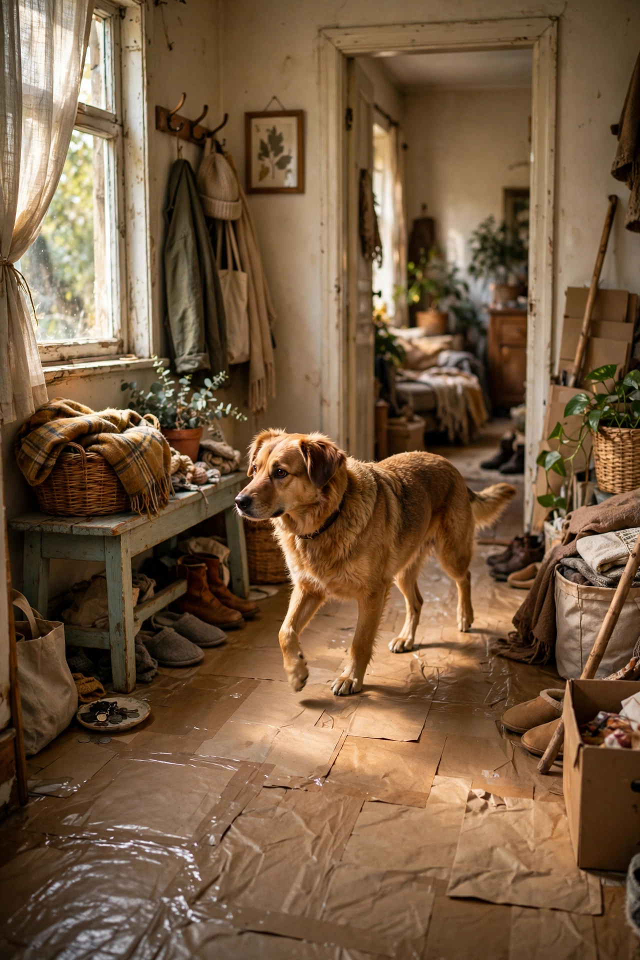 A dog walking across a sealed paper bag floor in a hallway showing durability