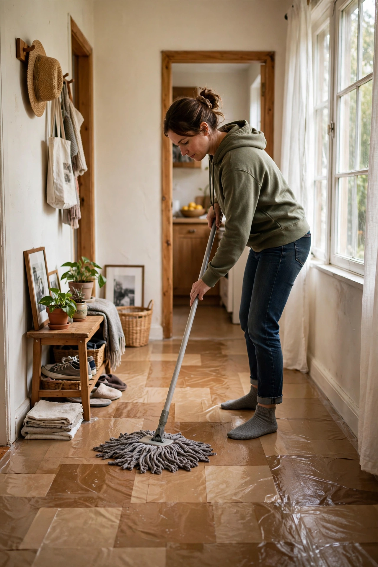 Damp-mopping a paper bag floor with a well-wrung mop for maintenance