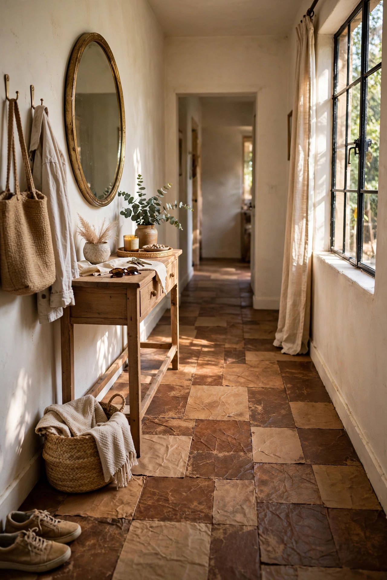 A finished paper bag floor hallway that looks like expensive leather tile