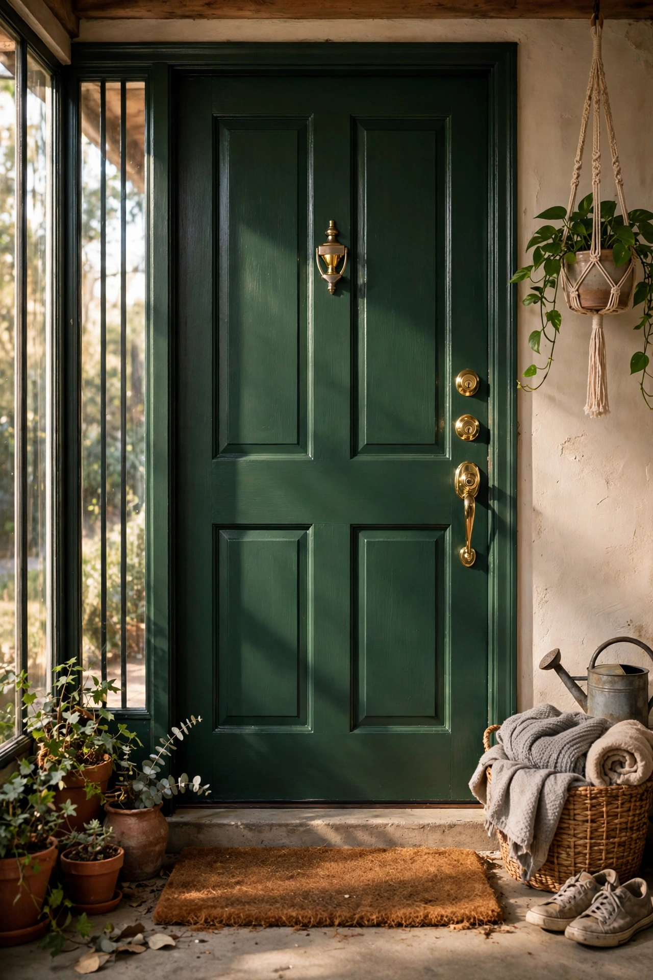 A front door freshly painted deep green with new hardware