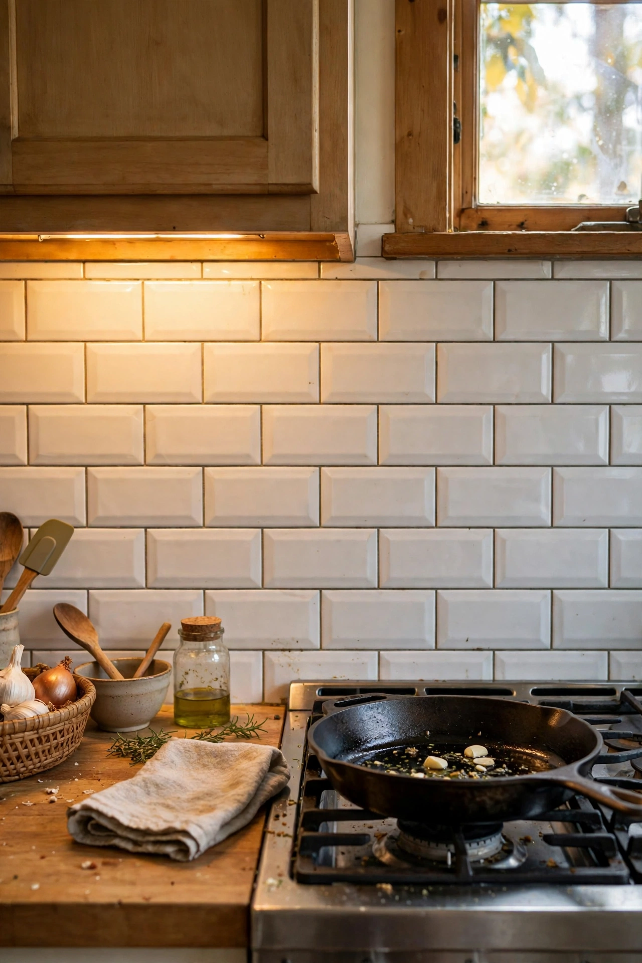 Peel-and-stick subway tiles as a kitchen backsplash behind a stove