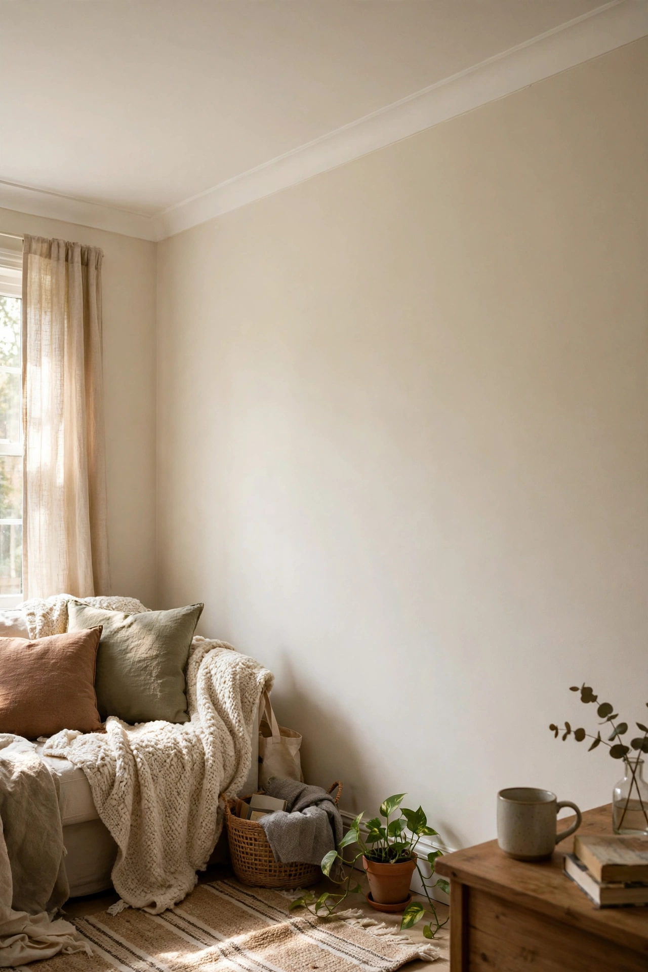 White crown moulding installed along a living room ceiling line
