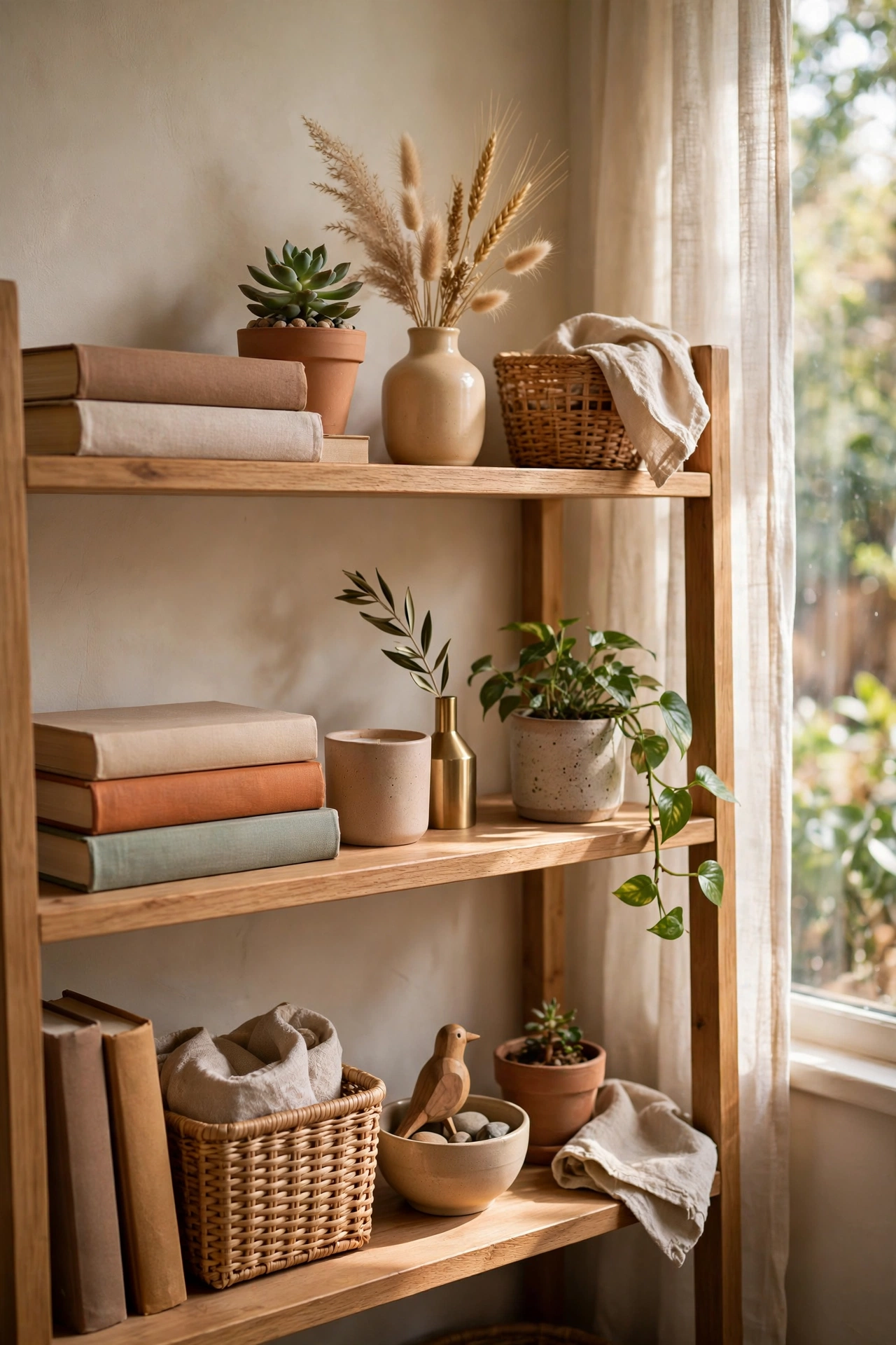 A beautifully restyled bookshelf with books, plants, and breathing room