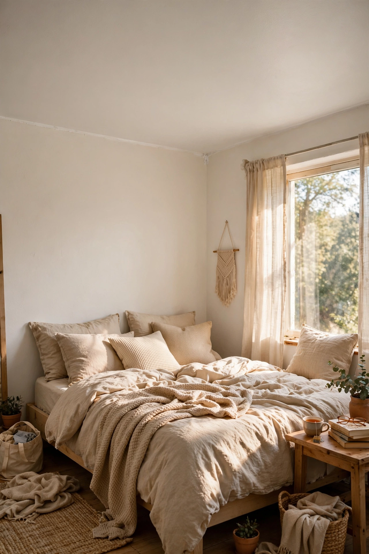 A bedroom ceiling painted soft warm white making the room feel cosy