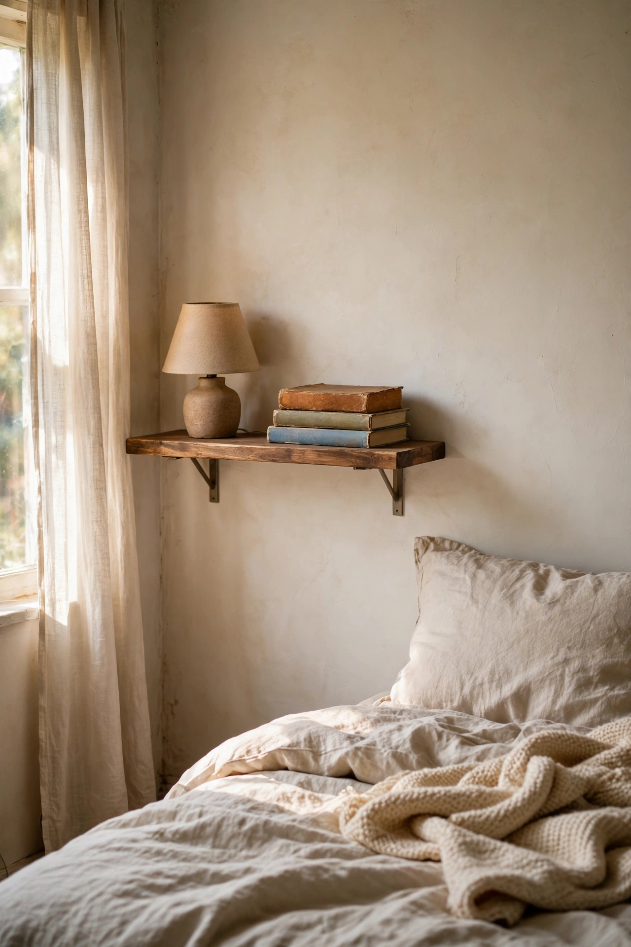 A simple floating wooden shelf mounted beside a bed holding a lamp and books