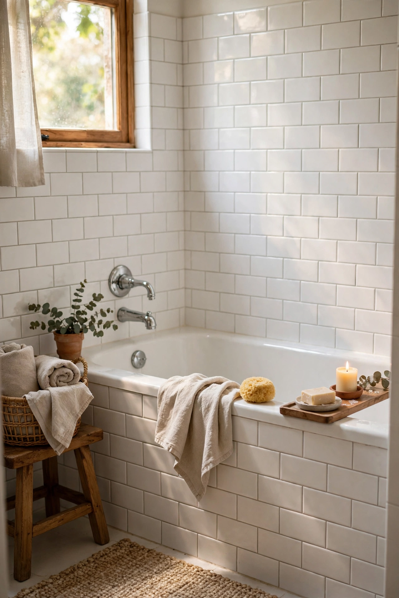 Freshly regrouted white bathroom tiles looking clean and new