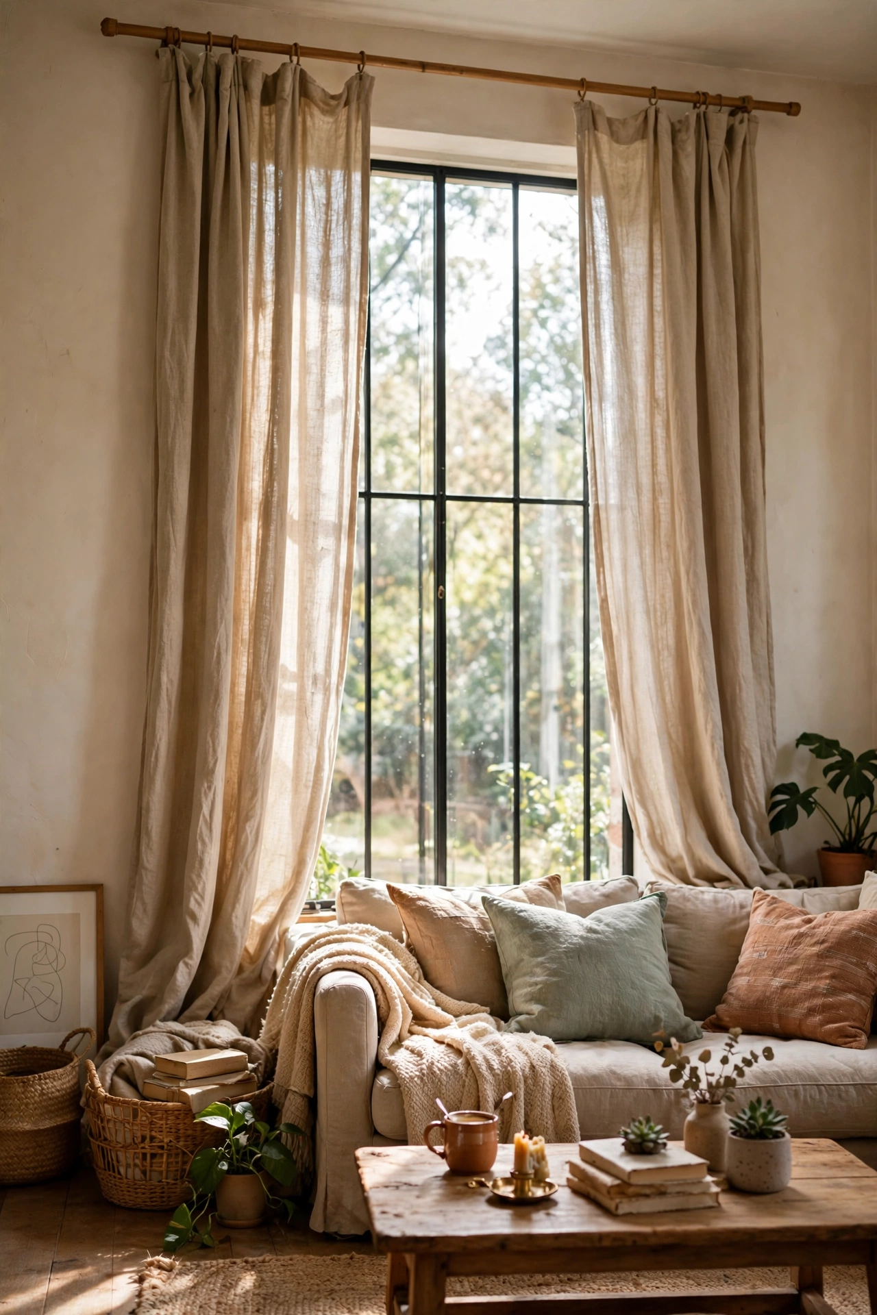 Curtains hung high and wide making a living room window look larger