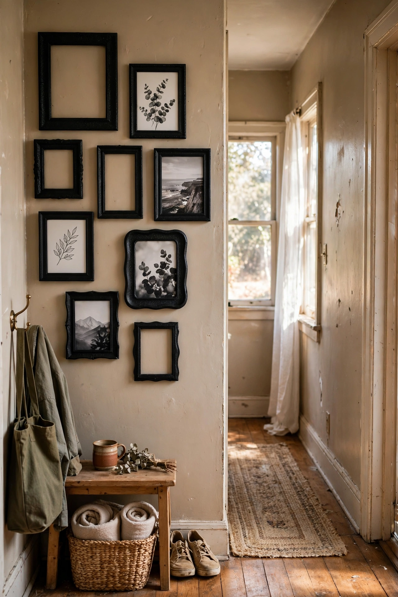 Mismatched picture frames spray-painted matte black as a gallery wall