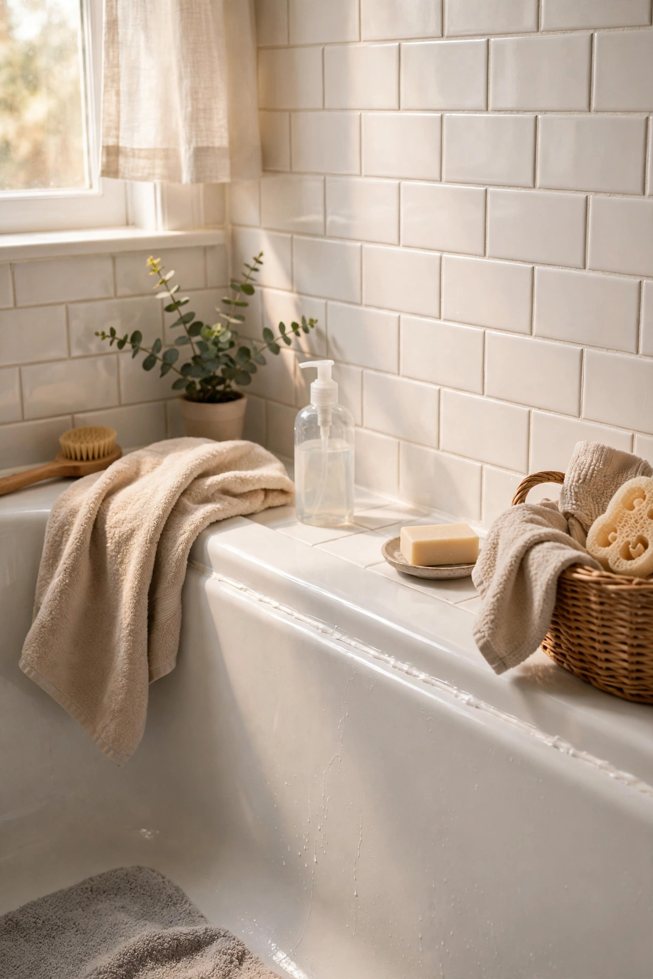 Sparkling clean bathroom grout lines and fresh caulk around a bathtub