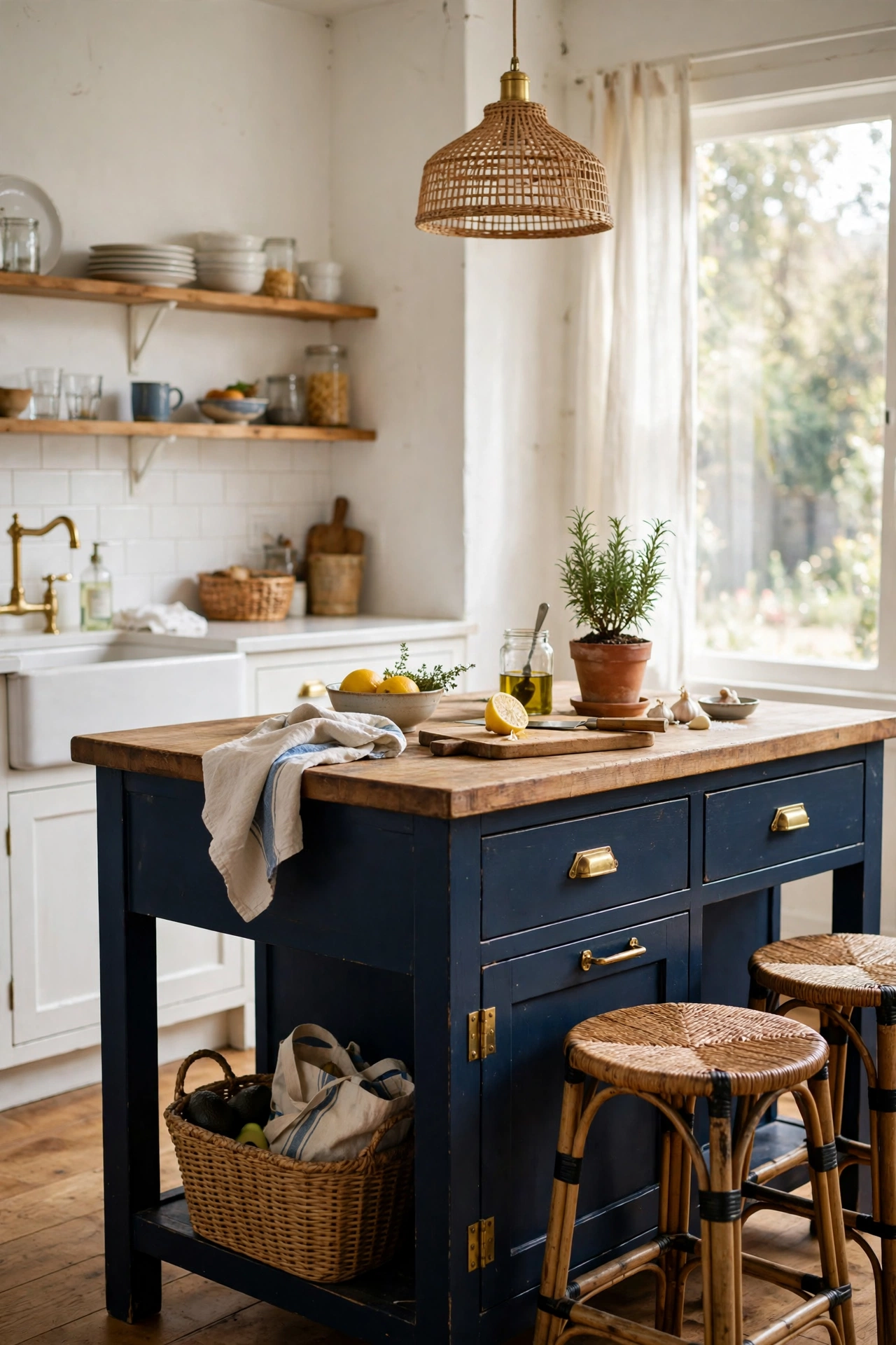 A kitchen island painted deep navy blue with brass hardware