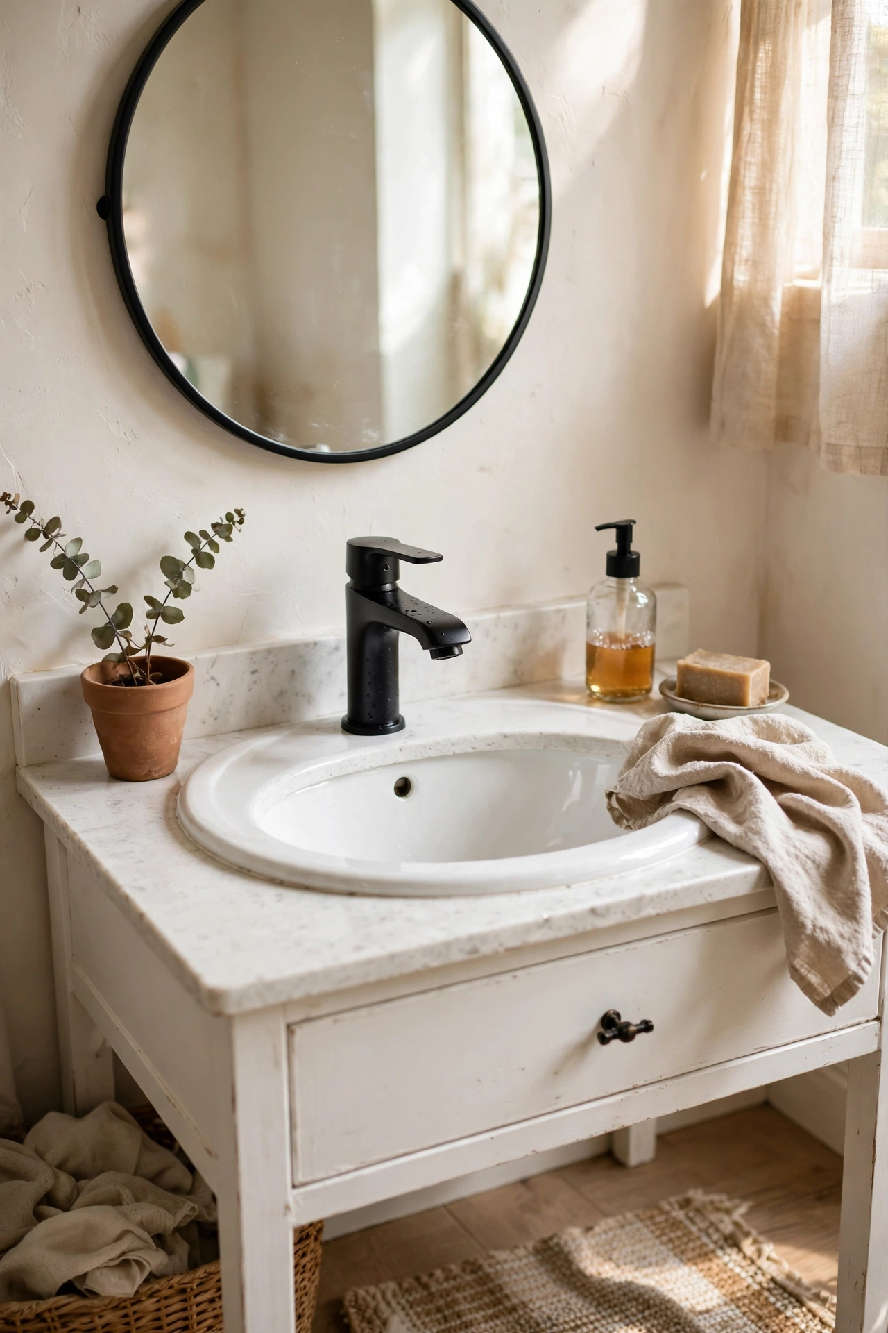 A new matte black bathroom faucet installed on a white vanity sink